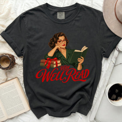 Dark grey t-shirt with retro illustration and "Very Well Read" text.