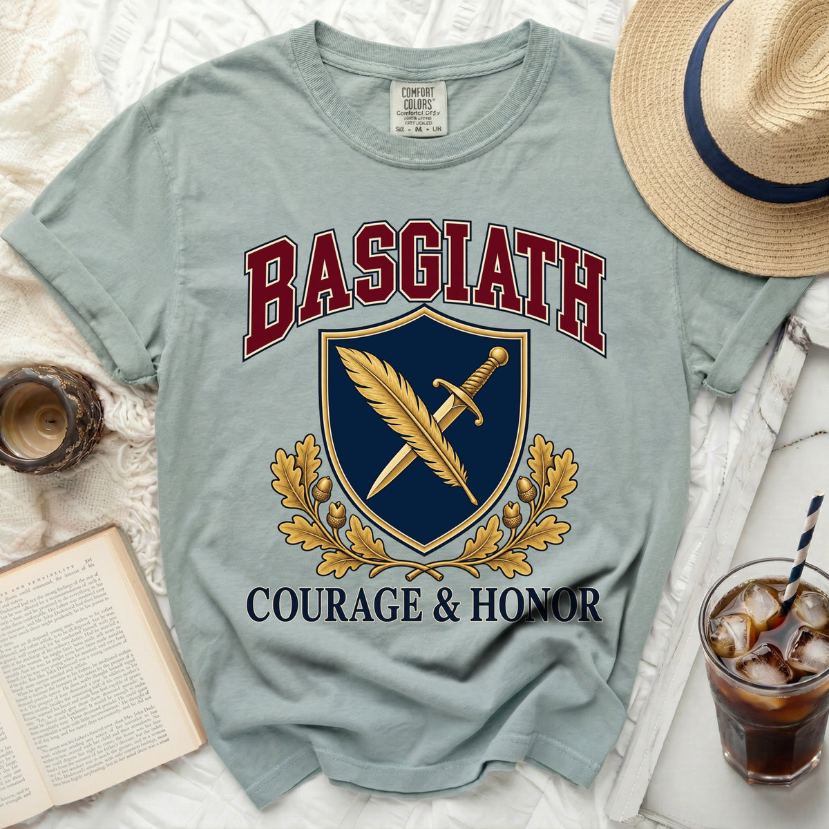 BASGIATH t-shirt with shield, feather, sword, and oak leaves. "COURAGE & HONOR" text.