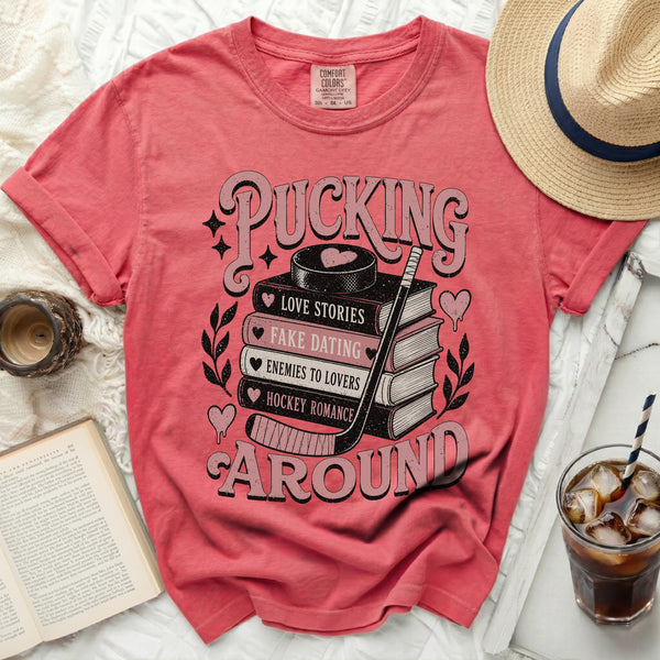 Pucking Around Hockey Romance Tee in Watermelon