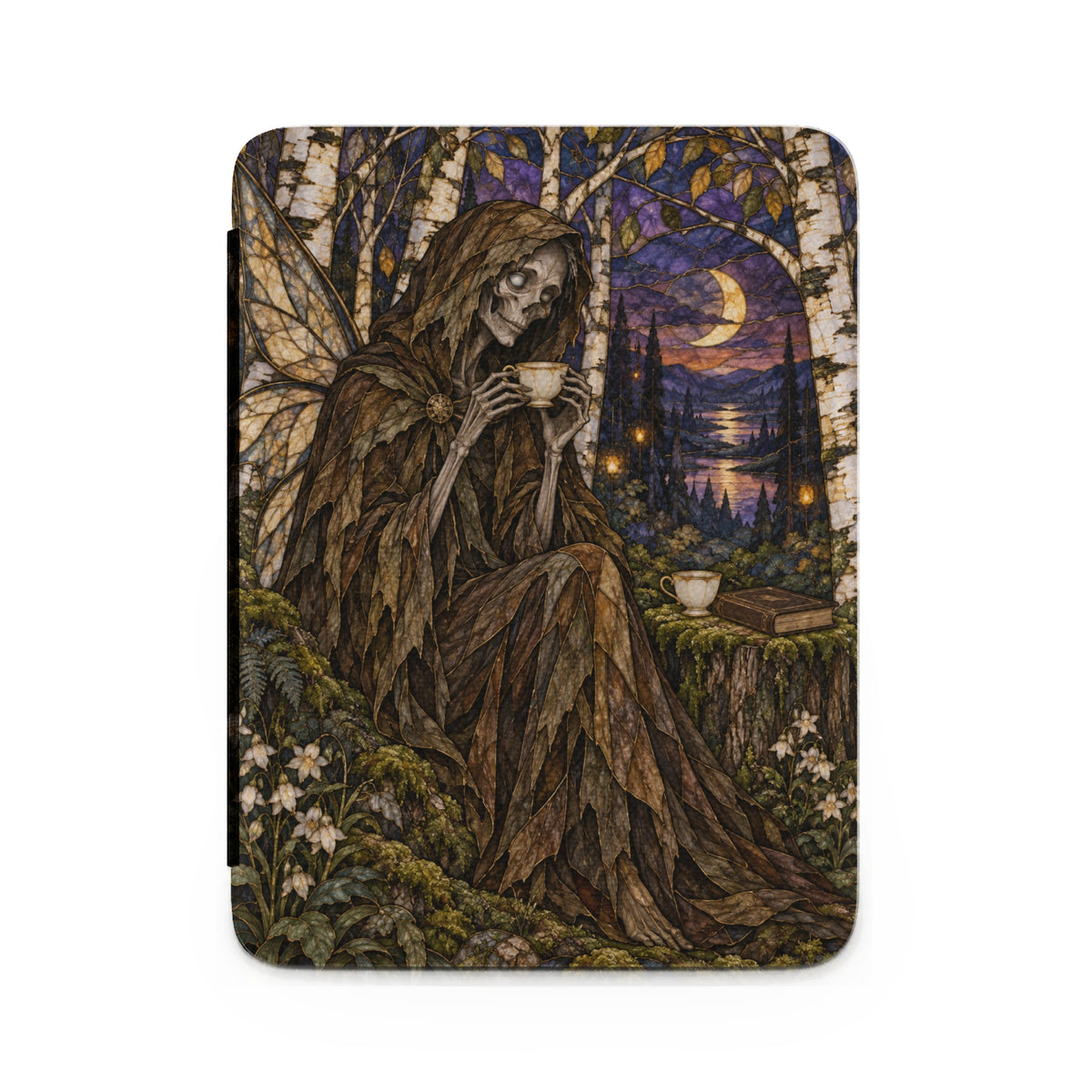 Skeleton fairy with wings drinks tea in a moonlit forest with a lake and mountains.