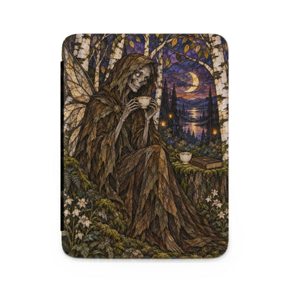 Skeleton fairy with wings drinks tea in a moonlit forest with a lake and mountains.