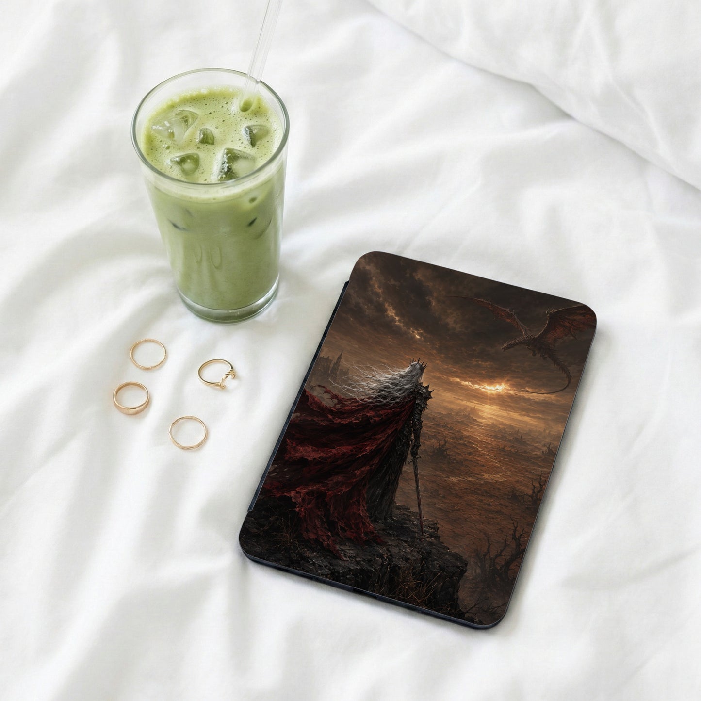 Tablet case with Elden Ring's Radagon on a cliff, dragon flying in the sky.