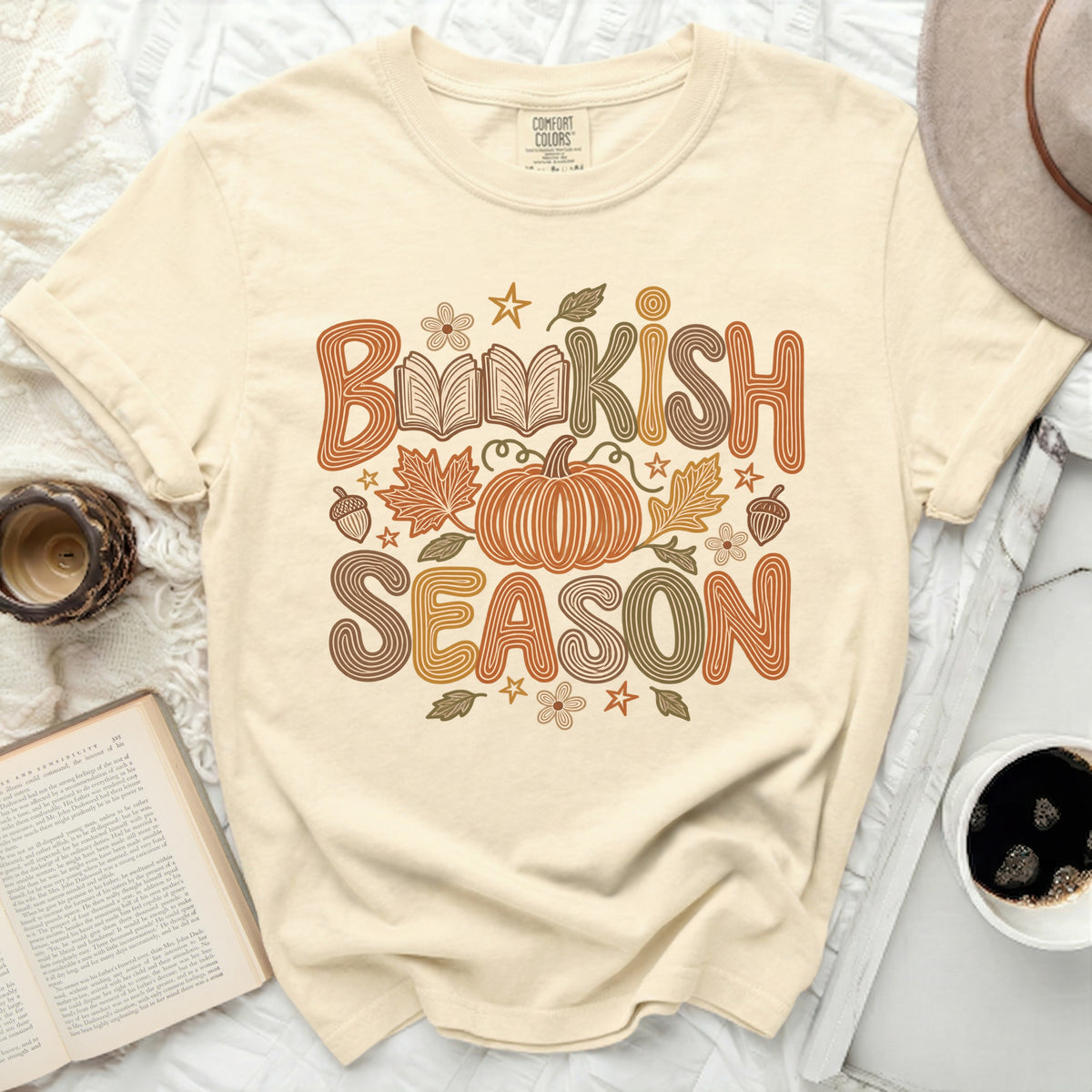 Cream t-shirt with "Bookish Season" text and fall imagery.