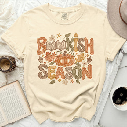 Cream t-shirt with "Bookish Season" text and fall imagery.