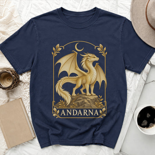 Navy t-shirt with gold dragon and moon graphic, reads "ANDARNA".