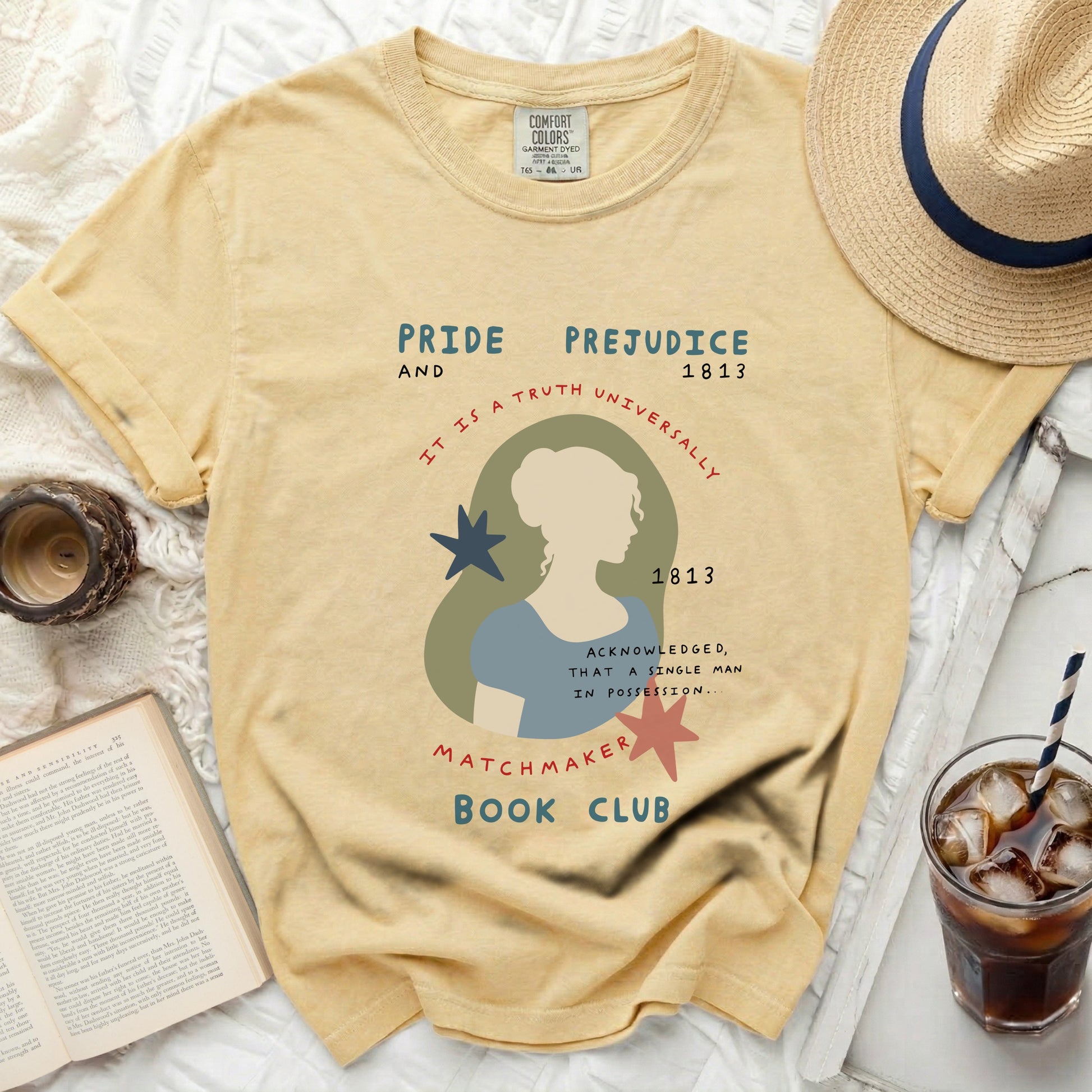 Yellow t-shirt with "Pride and Prejudice 1813 Matchmaker Book Club" graphic.