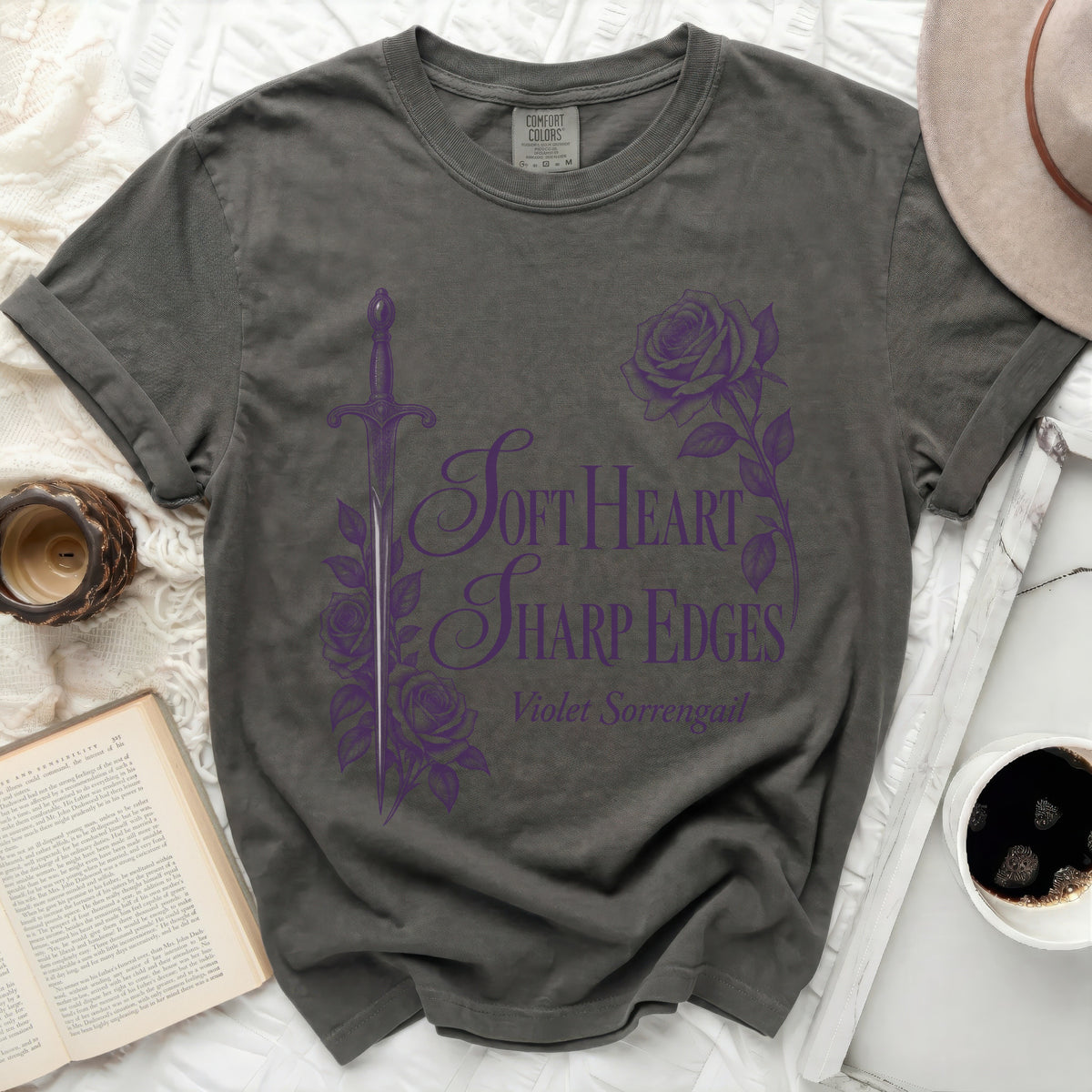 Dark grey t-shirt with purple graphic "Soft Heart Sharp Edges Violet Sorrengail".