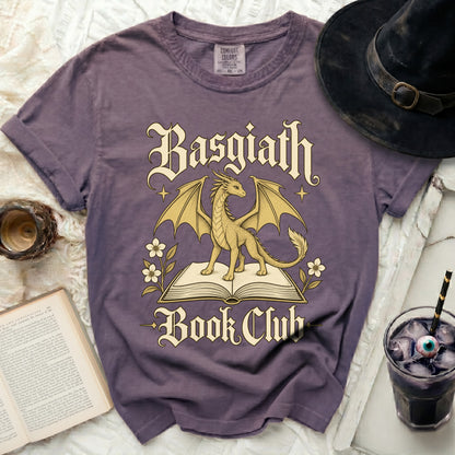 Purple t-shirt with a dragon on a book and "Basgiath Book Club" text.