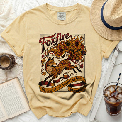 Comfort Colors shirt with Foxfire design, a fox entwined with flames and roses.