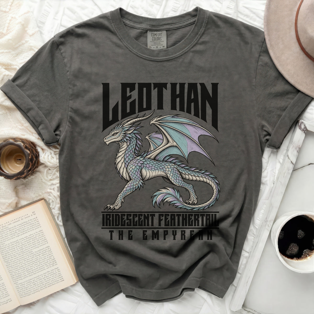 Dark gray t-shirt with iridescent dragon, "LEOTHAN", and "IRIDESCENT FEATHERTAIL THE EMPYREAN" text.