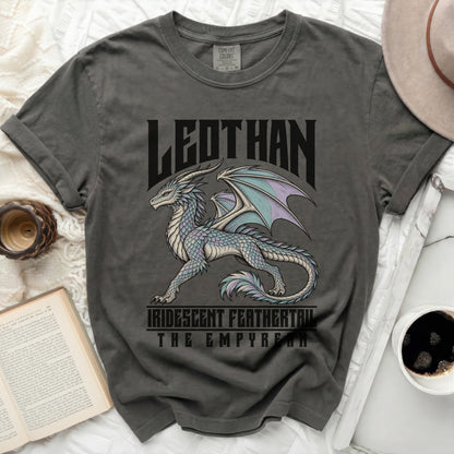 Dark gray t-shirt with iridescent dragon, "LEOTHAN", and "IRIDESCENT FEATHERTAIL THE EMPYREAN" text.