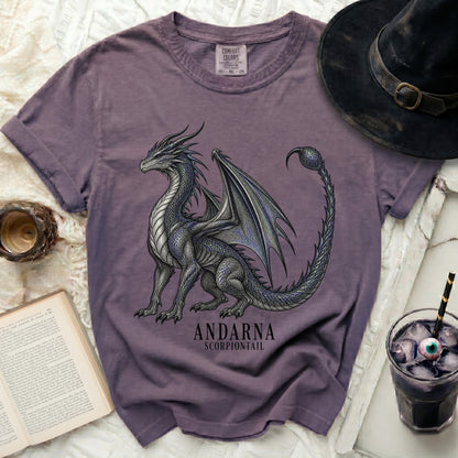 Purple t-shirt with a dark gray dragon graphic and text "ANDARNA SCORPIONTAIL".