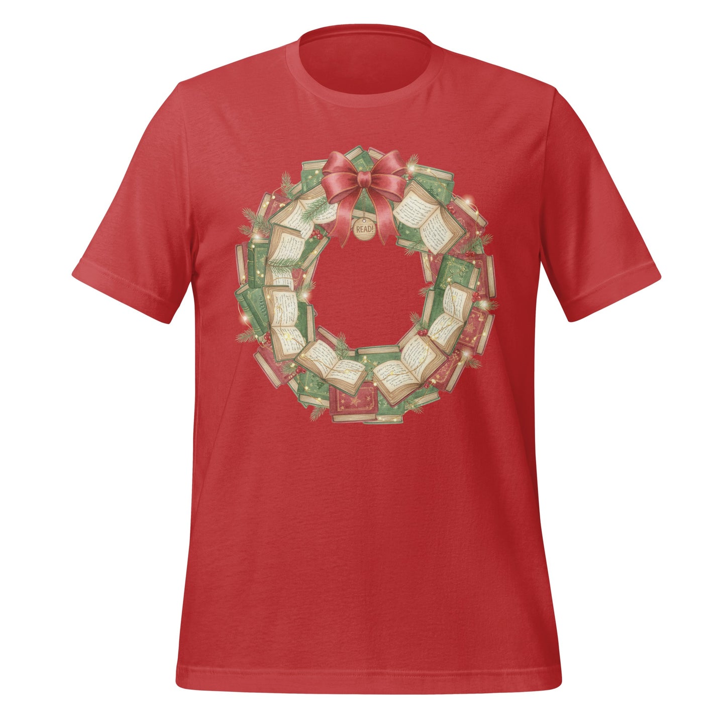 Christmas Book Wreath Graphic Red T-Shirt