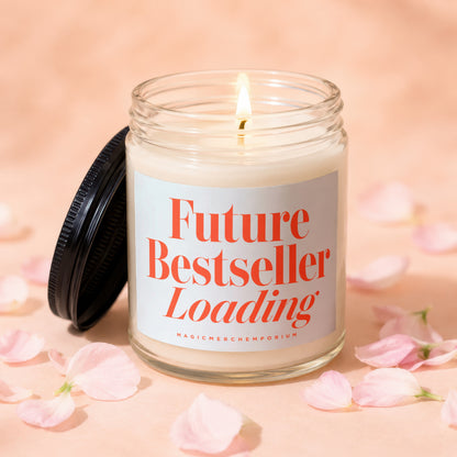 Lit candle in glass jar with black lid, reading "Future Bestseller Loading".