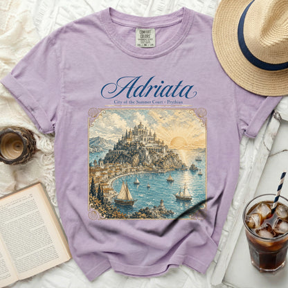 Purple t-shirt with "Adriata" and vintage coastal city graphic.
