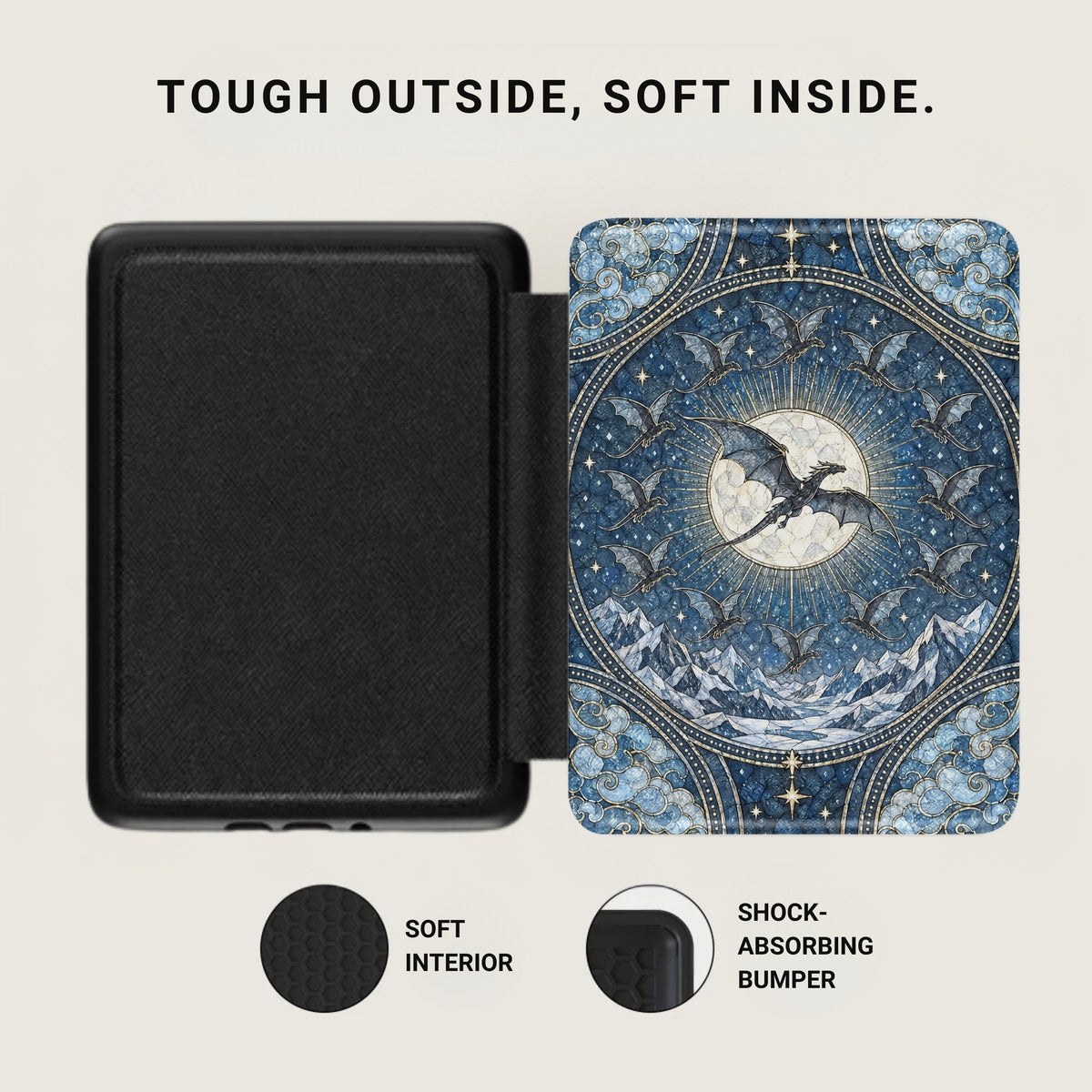 An open black e-reader case with a blue dragon-patterned cover and a textured interior lining.