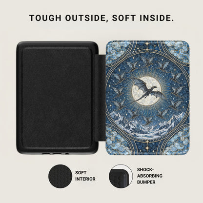 An open black e-reader case with a blue dragon-patterned cover and a textured interior lining.
