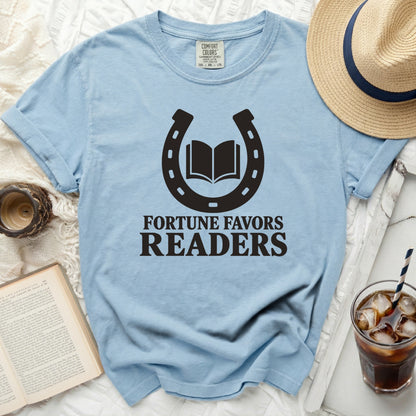 Light blue t-shirt with "Fortune Favors Readers" and horseshoe graphic.