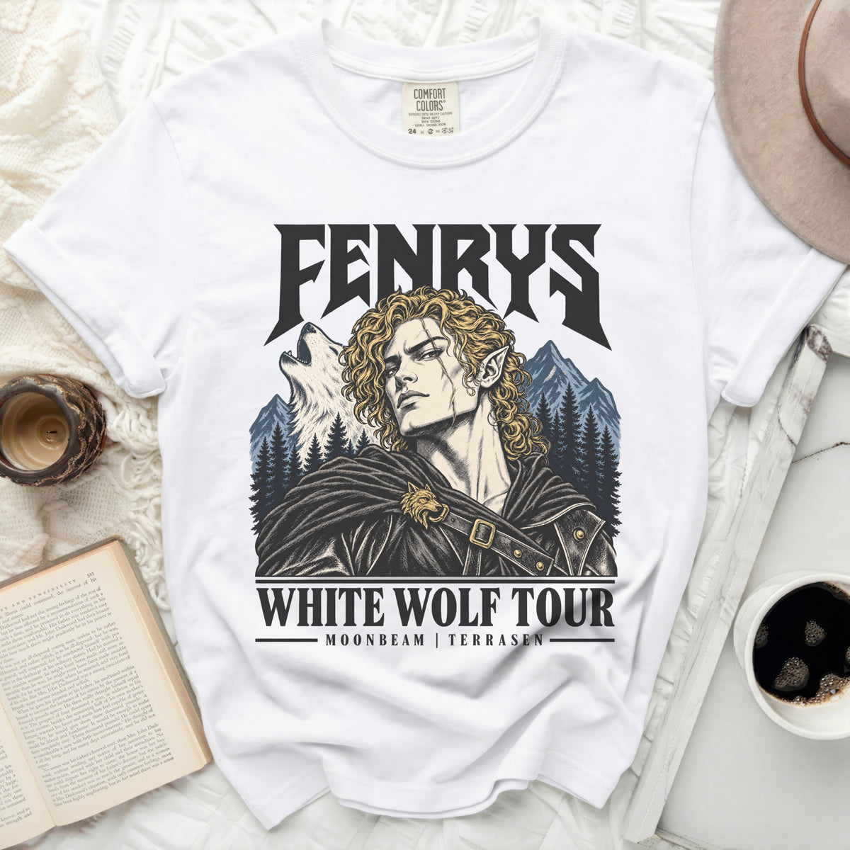 White t-shirt with "Fenrys White Wolf Tour" graphic featuring a man and wolf.