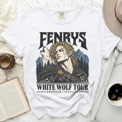 White t-shirt with "Fenrys White Wolf Tour" graphic featuring a man and wolf.