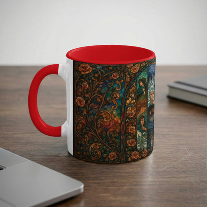 White mug with red handle featuring stained glass design of roses and crowned figures.