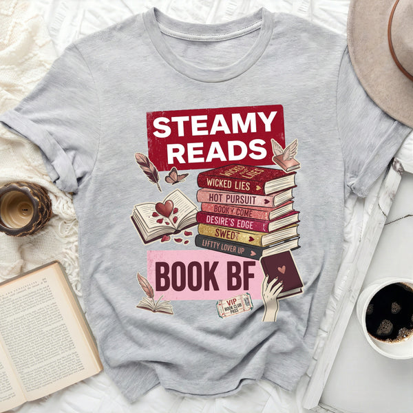 Steamy Reads Book BF Tee in Athletic Heather