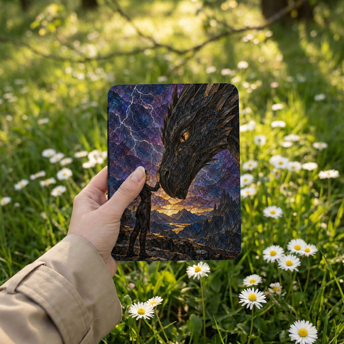 Woman touching dragon's snout with stormy sky and mountain landscape.