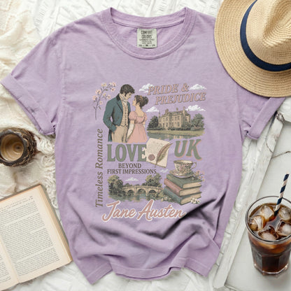 Pride & Prejudice and Love UK shirt with Jane Austen illustrations and text.