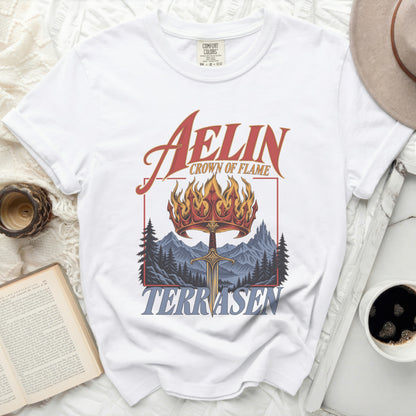 White t-shirt with Aelin Crown of Flame and Terrasen text and graphic design.