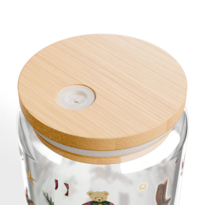 Bamboo Lid Clear Glass Container with Festive Design