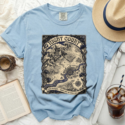 Light blue t-shirt with "Night Court" map graphic, text "Terra Incognita".