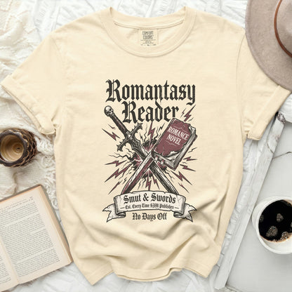 Romantasy Reader t-shirt with crossed sword and book design.