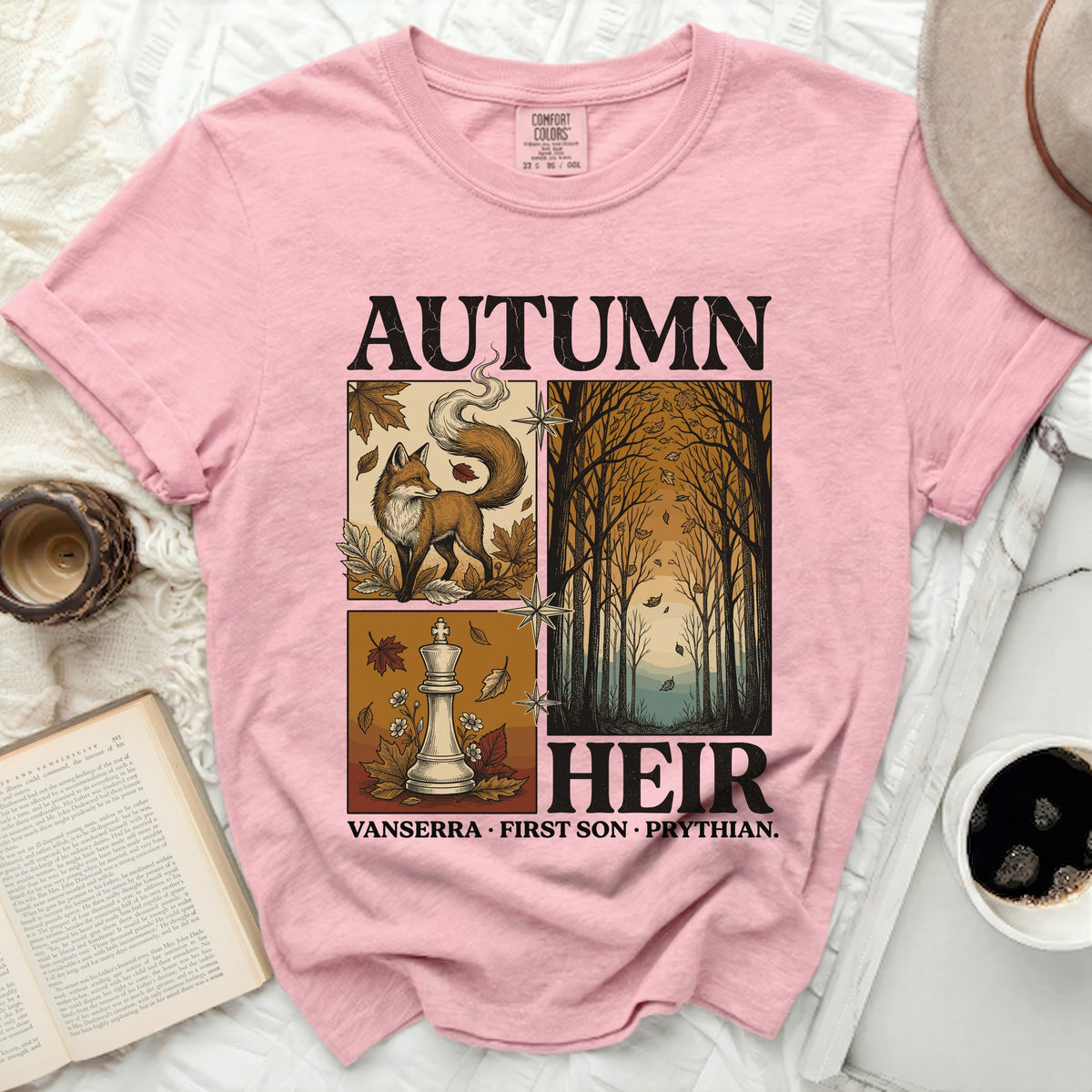 Pink t-shirt with "AUTUMN HEIR VANSARRA FIRST SON PRYTHIAN" and square graphic.