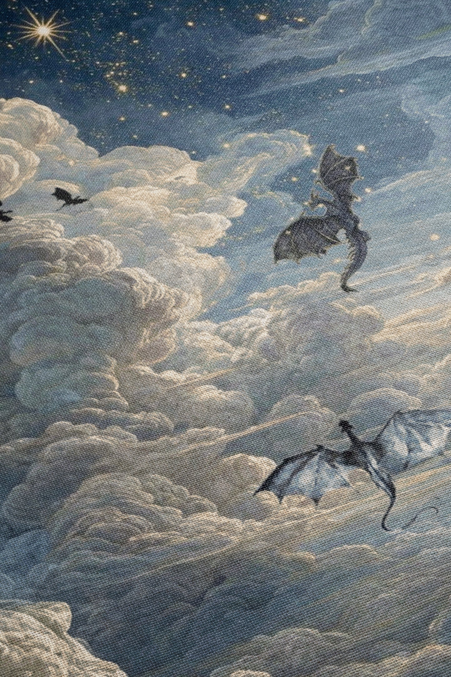 a fantastical scene with three dragons soaring through a starry night sky. The dragons are depicted in a dynamic and majestic manner, with one dragon flying towards the left side of the image, another dragon flying towards the right side, and the third dragon flying in the middle of the scene. The sky is filled with clouds and stars, creating a sense of depth and wonder. The overall composition of the image is visually striking and evokes a sense of adventure and fantasy.