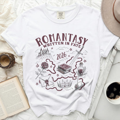 White t-shirt with "Romantasy Written in Fate 2026" graphic.