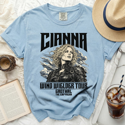 Light blue t-shirt with "CIANNA WIND WIELDER TOUR GAOTHAL THE EMPYREAN" graphic.