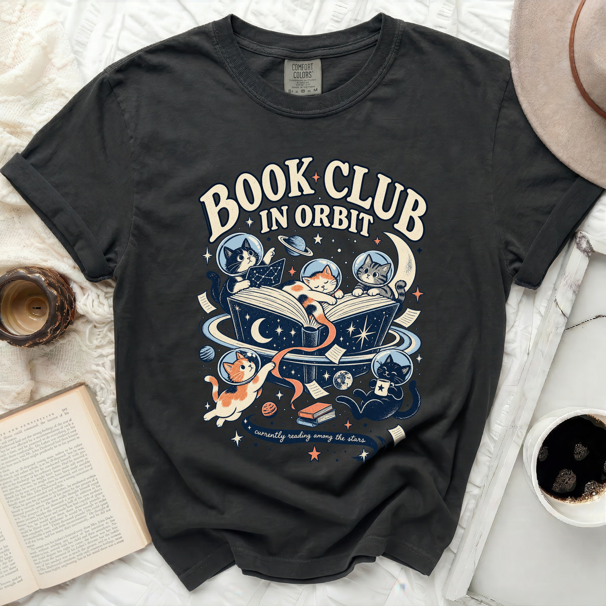 Book Club in Orbit t-shirt with cats reading among the stars.