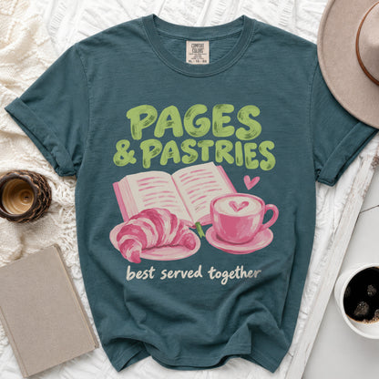 Teal t-shirt with "PAGES & PASTRIES best served together" graphic.