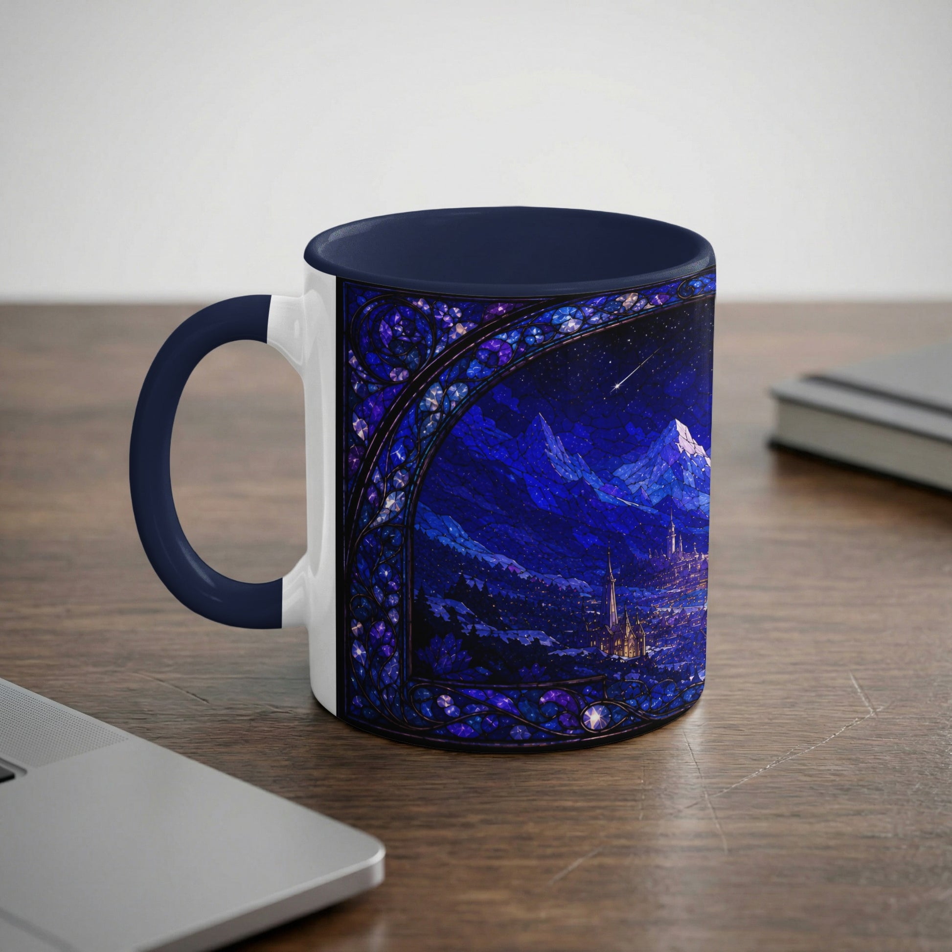 Mug with a dark blue handle featuring a stained-glass-style winter castle scene.