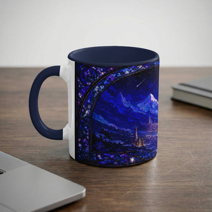 Mug with a dark blue handle featuring a stained-glass-style winter castle scene.