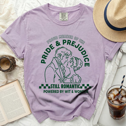 Purple t-shirt with green Pride and Prejudice graphic and text