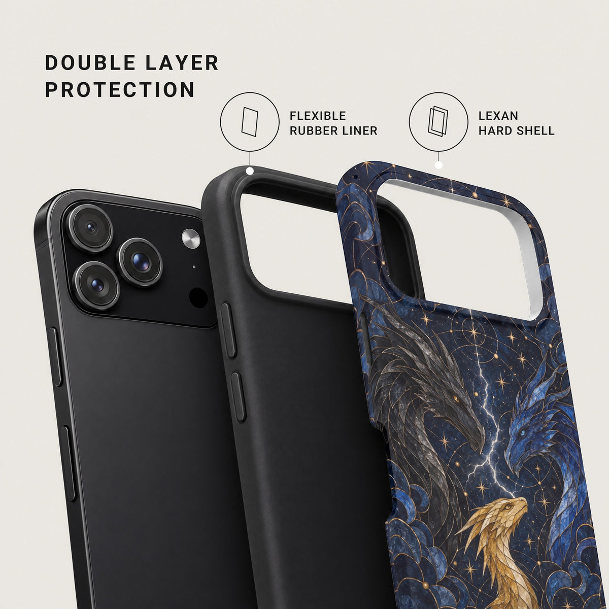 An exploded view of a smartphone case showing double layer protection with a flexible rubber liner and Lexan hard shell.