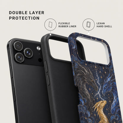 An exploded view of a smartphone case showing double layer protection with a flexible rubber liner and Lexan hard shell.