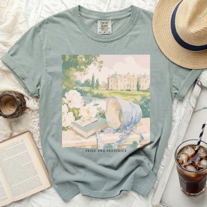 T-shirt with "Pride and Prejudice" painting of a manor and bonnet.