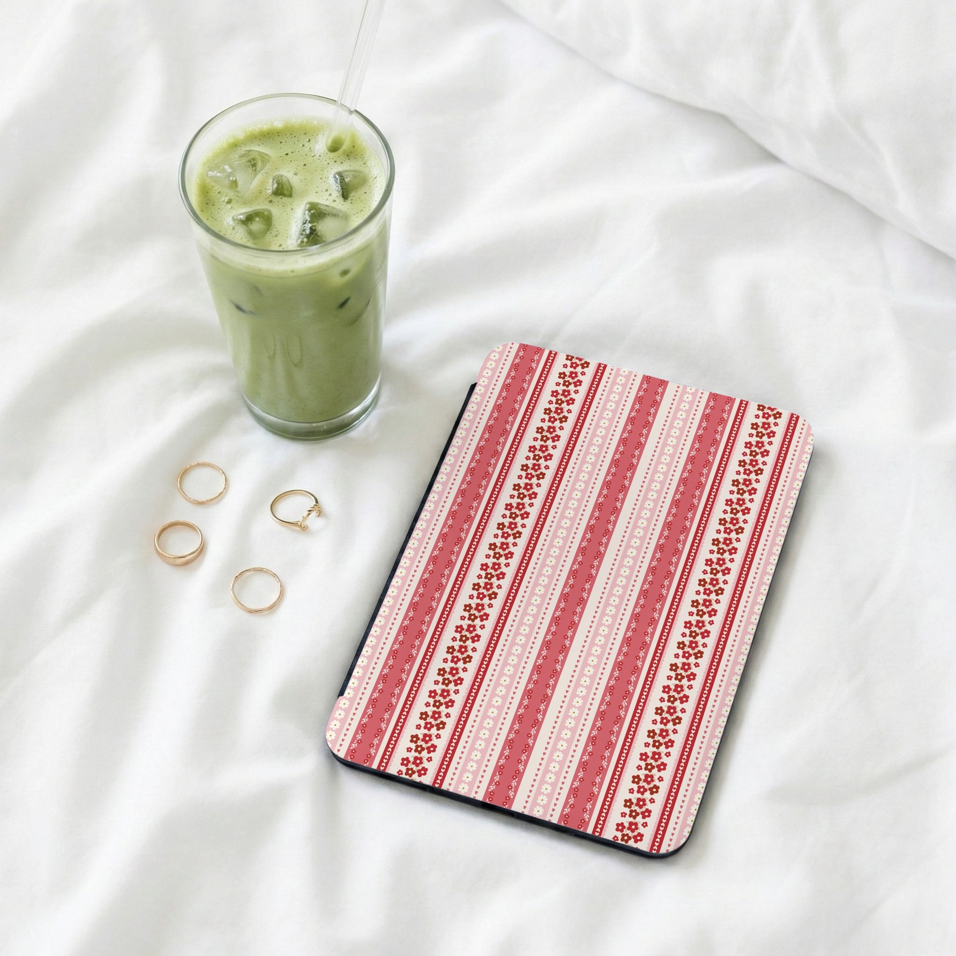 Red and White Striped Floral Pattern Tablet Case