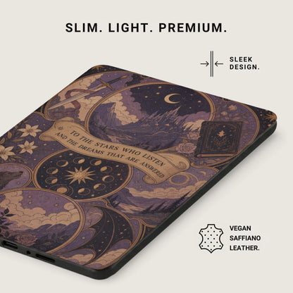 Device case with mystical moon, castle, and text design.