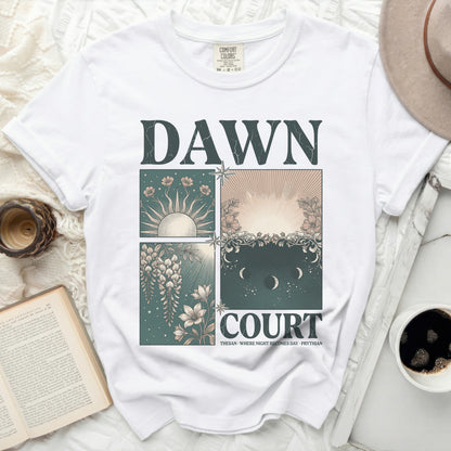 White t-shirt with "DAWN COURT" text and celestial graphics.