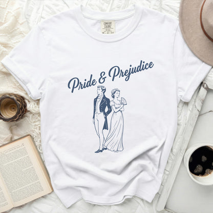 White t-shirt with "Pride & Prejudice" and period couple graphic.