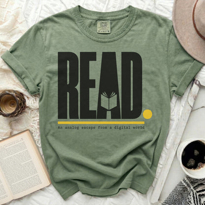 Green t-shirt with "READ" and book graphic, and "An analog escape from a digital world".