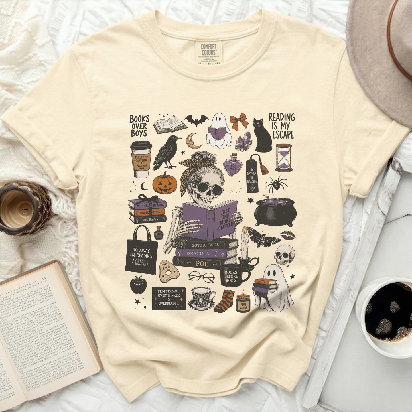 Skeleton reading book surrounded by Halloween and bookish icons, with text.